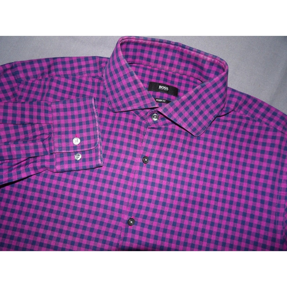 HUGO BOSS Long Sleeved 100% Cotton Checkered Button‎ Up Dress Shirt Men's 16 1/2